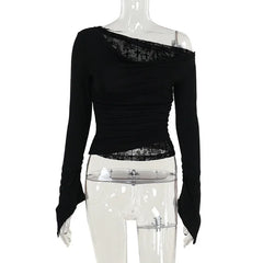 Autumn New Collection Gothic Style Sexy Slimming One-Shoulder Faux Fur Patchwork Long Sleeve Tops for Women