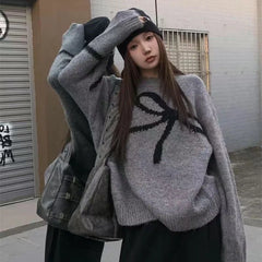 Elegant Bow Sweaters Women Vintage Y2k Knitted Pullovers Autumn Winter Loose Long Sleeve Aesthetics Streetwear Jumpers