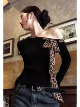 Pbong Off shoulder Tops Y2k Bow Tied Long sleeve Leopard T Shirt Women Sexy Tight Basic Crop Top Lady Casual Black Tees Korean