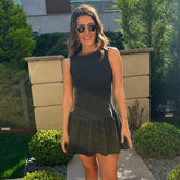 Sleeveless A-line Pleat Denim Short Dress New Navy Blue O Neack Zipper Fashion Summer Dress Streetwear Woman Clothing