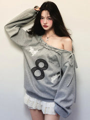 Y2K Streetwear Gray Sweatshirts Women Off Shoulder Loose Letter Pullovers Harajuku Retro Female Casual American Tops New