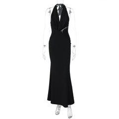 Halter Deep V Neck Sexy Maxi Dress For Women Gown Black Lace Off-shoulder Backless Sleeveless Bodycon Long Dress