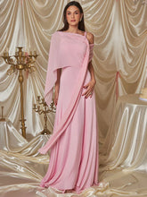 Pink Cape Sleeve Sexy Maxi Dress For Women Off-shoulder Backless Gown Elegant Skew Collar Lace-up Long Dress Vestido