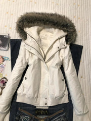 Jackets Women 2025 Autumn Winter Vintage Furry Patchwork Hooded Slim 2000s Fashion Coats Female Y2k Aesthetic Harajuku