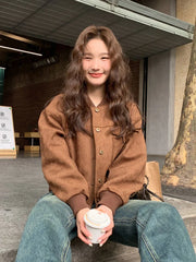 Y2K Retro Baseball Jacket Women Faux Suede Long Sleeve Fall Winter Coat Streetwear Casual American Vintage O Neck Bf Tops