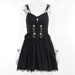 Goth Dark Lolita Gothic Aesthetic Bandage Corset Dresses Grunge Style Black Embroidery Emo Dress Women A-line Party Alt Clothes