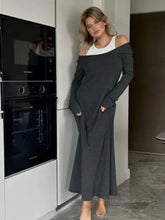 Fashion Fake Two Piece Shoulder Off Long Dress Modal Soft Vintage Slash Neck Slim Women Dress 2025 New Winter Fall Female Cloth
