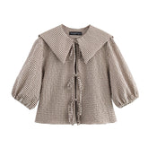 New Women's Plaid Lace Up Shirts Blouses Fashion Turn Down Neck Blouse Top Women Casual Cute Sweet Long Sleeve Blouses Clothes