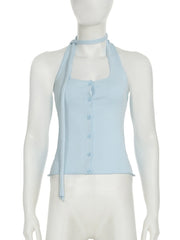 Halter Knitted Vest Top For Women Ribbon Single Breasted Backless Tanks Slim Summer Thin Hot Girl Plunge T shirt Casual