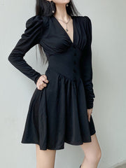 V-Neck Long Sleeve Pleated Party Dress
