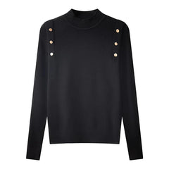 Gold Button Mockneck Sweater Women Pullovers Long Sleeve Turtleneck Soft Rib Knit Fit Jumper Warm Tops Fall Winter Basic Outfit