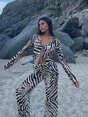 2023 Tracksuit Women Print Y2K Long Sleeve Top Shirts Bandage And Pants Sexy Two Piece Set Casual Outfits Party Clubwear