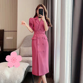 Work Style Ol Temperament Solid Dress Women Turn Down Collar Short Sleeve Summer Dress