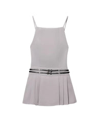 Backless Streetwear Short Dress Hotgirl Double Belt Gray Tight Women Dress Fashion Square Collar Sleeveless Pleat Dress 2025 New