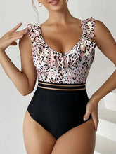 Leopard Ruffle One Piece Swimsuit Women High Waist Mesh Tape Swimwear Female Beachwear V-neck Bathing Swimming Suit Summer