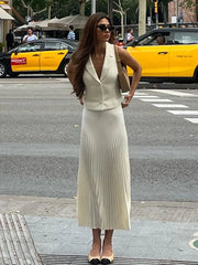 Folds Long Skirt Two Pieces Set Women's Notched Sleeveless Short Vest Top High Waist Solid Maxi Skirt Fashion Sets
