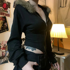 Autumn Slim Waist Office Lady Zip Up Cardigan High Streert Harajuku Euramerican Punk Sweatshirts Y2k Aesthetic Japan Clothes