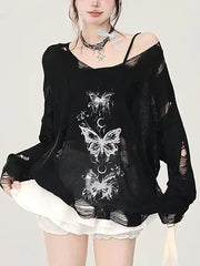 Pbong Y2k Hollow out Knit Oversize T shirt Women Long sleeve Off shoulder Top Sexy Basic Transparent Tees Baggy Vintage Ladies New