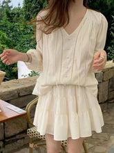 Casual Beige Vacation Spring Summer Outfits Lantern Sleeve Blouse And Short Skirt Two Piece Set 2025 New Top Pleat Skirt Suit