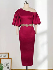 Pbong mid size graduation outfit romantic style teen swag clean girl ideas 90s latina aestheticBirthday Dress Women Long Bodycon Party Diagonal Collar Big Lantern Sleeves Christmas Elegant Event African Evening Home Coming