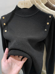 Gold Button Mockneck Sweater Women Pullovers Long Sleeve Turtleneck Soft Rib Knit Fit Jumper Warm Tops Fall Winter Basic Outfit