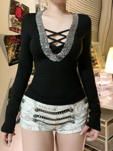 Black Slim Fashion Crisscross V-Neck Women Blouses Long Sleeve Y2k Sequin Chic Trendy Autumn Clothes