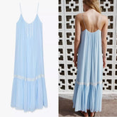 Vacation Beah Style Loose Blue Women Dress Lace Patchwork Embroidery Fashion Summer Dress 2025 New Simple Pleat Dress For Summer