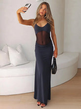 Halter Backless Sexy Maxi Dress Women Gown Mesh Patchwork Sleeveless High Waist Slim Elegant Long Dress Fashion