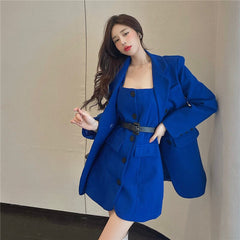 Women Fashion 2 Piece Dress Suits Blue Black Belted A Line Dress&Long Sleeve Blazer Jacket Outfits Elegant Lady 2PC Skirt Sets