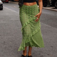 Lace Ruffled See-Through Maxi Skirt Women Slim Patchwork Party Holiday Women's Long Skirt Outfits Female Summer Maxi Skirt