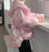 Women's Jacket Colorful Glossy Surface Hooded Cotton Coat Winter Korean Fashion Thicken Parkas Womens Clothing Loose Warm Tops