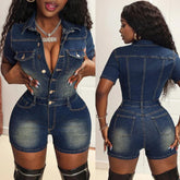 Sexy Denim One Pieces Bodycon Rompers Womens Streetwear Y2k Club Fashion Outfits Pockets Button Washed Jean Shorts Jumpsuit