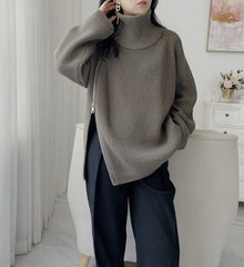 autumn and winter new 100% pure cashmere cardigan women's high neck mid-long zipper sweater loose knit coat