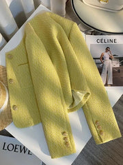 Yellow Sweet Tweed Jacket Women Elegant Retro Slim Long Sleeve Short Coat Korean O Neck Casual Fall Female Vintage Outwear