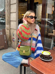 Fashion Contrasting O Neck Hollow Out Knitted Pullover Women Chic Long Sleeve Loose Sweater Autumn Lady Casual Streetwear