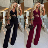 Pbong Fashionable V-Neck Decorative Button Waist Belt Long Pants Set Women's Clothing Polyester Fiber Made in China Cross-Border