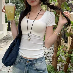 Solid Color Soft Basic Top for Women Summer Skinny Sexy T-shirt U Collar Shirt Short Sleeve Top for Hot Girl