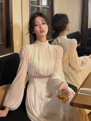 Spring Turtleneck White Midi Dress Women Long Sleeve French Elegant One Piece Dress Korean Fashion Y2k Clothing Design