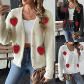 Pbong Ladies Faux Fur Jacket Pearl Button Embroidered Strawberry Splicing Open Cardigan Polyester Street Style Winter Sweater