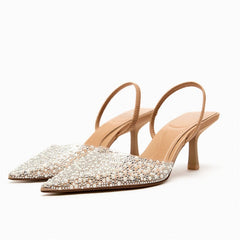 Women's Pointed Head High Heeled Sandals Summer Sexy Woman Shoes Fashion Pearl Decoration Slingback Woman Pumps