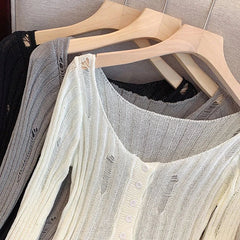 Hollow Out Knitted Cardigan Women Y2K Korean Sexy Streetwear Hole Long Sleeve Sweaters Summer Fashion Thin Irregular Female Tops