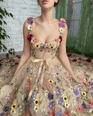 Exquisite 3D Flowers Prom Dresses Sweetheart Floral Straps A-Line Evening Gowns Formal Party Dress With Pockets