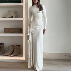 Elegant O-neck Draped Irregular Long Dress Women Causal Long Sleeve Solid Party Dress Fashion Hight Waist Slim Evening Dresses