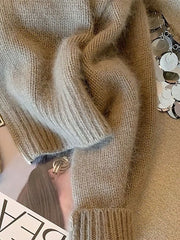 Leather Collar Thick Sweater Jacket Women Vintage Double Zipper Knitwear Ladides Casual Cardigan Fashion Spring Autumn Coats Top