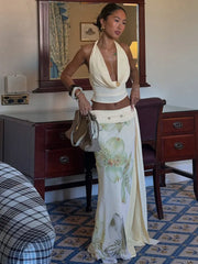 Mesh Print Skirt Two Piece Sets Women Halter Backless Tank Tops And Maxi Skirt Female Slim Summer Split Dress Sets