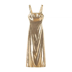 Gold Sequins Long Dress Slim Backless Square Collar Fashion Summer Women Dress Sleeveless 2025 New Sexy Party Eveing Dress