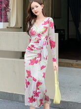 Women Fashion Printed Mesh Long-sleeve Dresses Korean Casual Vacation Style Autumn Elegant Bodycon Pencil Birthday Party Dress