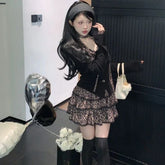 Autumn Winter American Streetwear Vintage Shirts Y2k Harajuku Japan Slim Waist A Line Patchwork Lace Tiered Skirts Girl Sets