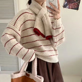 Women's Striped Sweater with Scarf Chunky Knit Loose-fit V-Neck Pullover Striped Jumper Ladies Autumn Winter Classic Chic Outfit