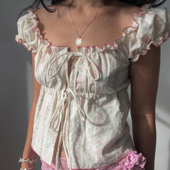 Women Y2k Fairy Lace Shirts Cap Sleeve Button Down Lace Patchwork T-Shirts Aesthetic Babydoll Crop Tops Summer Streetwear